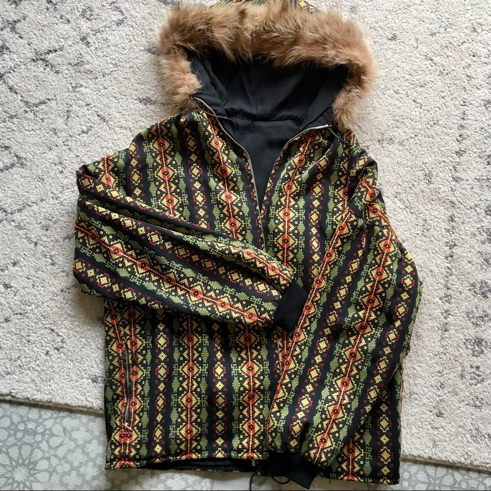 Vintage 1960s Aztec Print Jacket, Fur-trimmed Hood, West Germany, Size Medium
